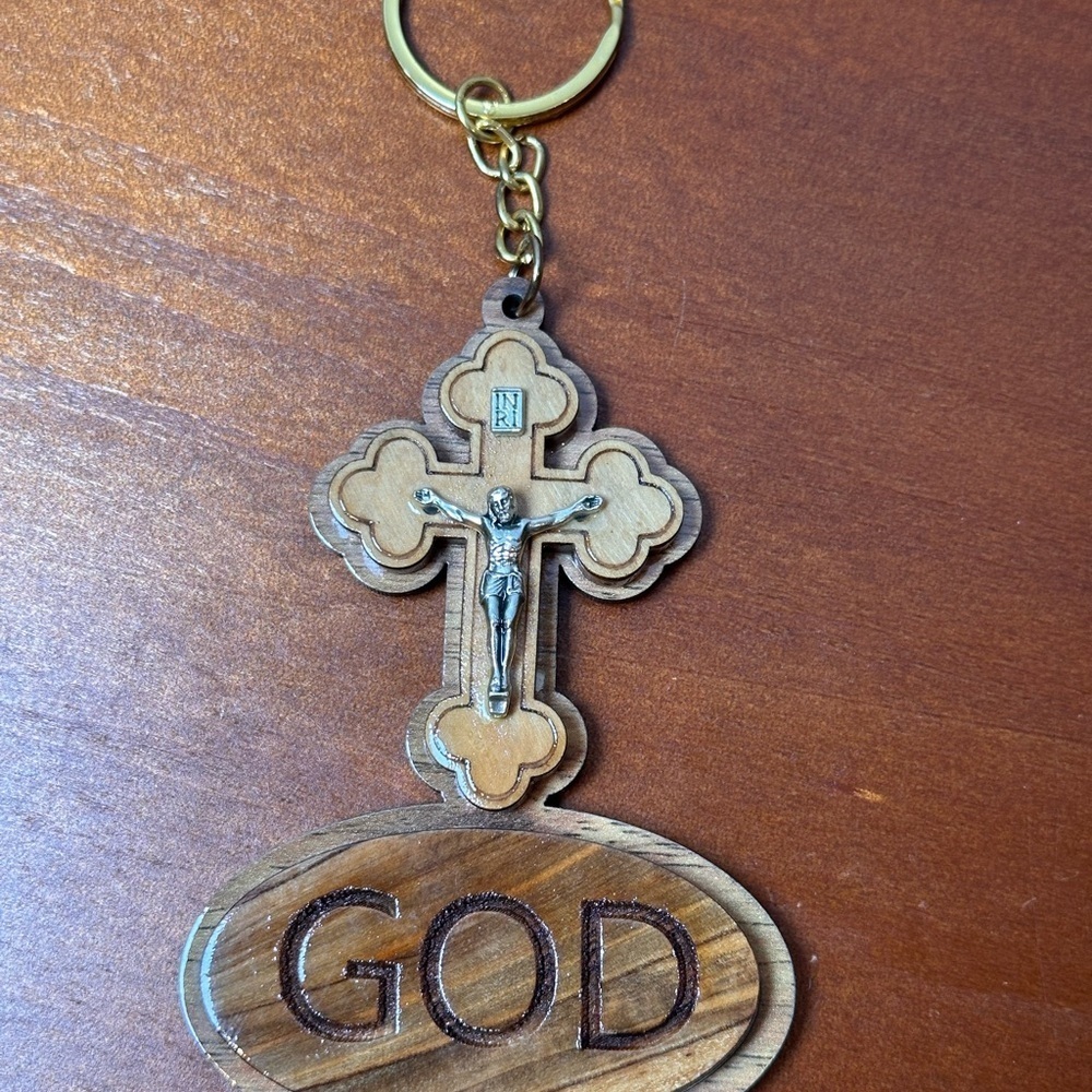 Wooden Cross Keychain with Gold Accents